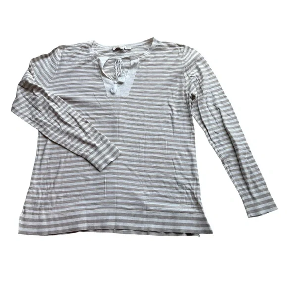 LOFT White and Tan Tie Front Long Sleeve Blouse - Picture 1 of 5